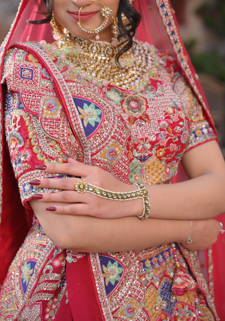 Exquisite Maurya Heritage Lehenga with hand-embroidery in Raw Silk , Customizable, Made to Order