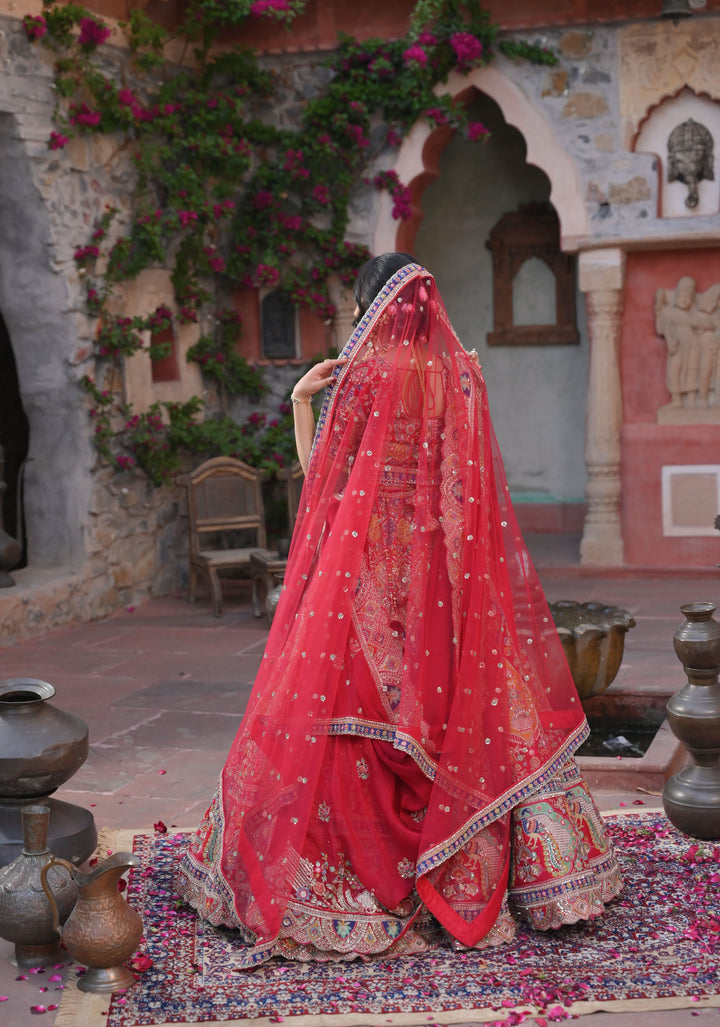 Exquisite Maurya Heritage Lehenga with hand-embroidery in Raw Silk , Customizable, Made to Order