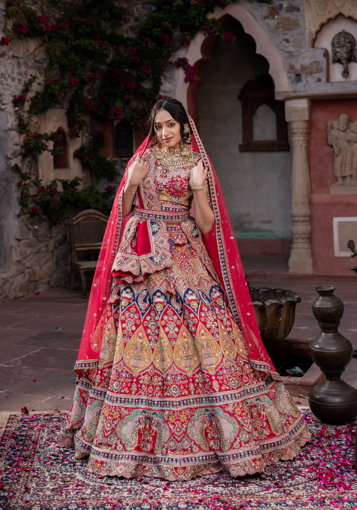 Exquisite Maurya Heritage Lehenga with hand-embroidery in Raw Silk , Customizable, Made to Order