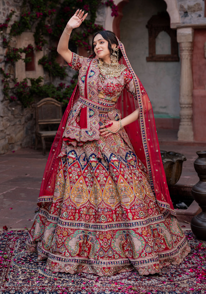 Exquisite Maurya Heritage Lehenga with hand-embroidery in Raw Silk , Customizable, Made to Order