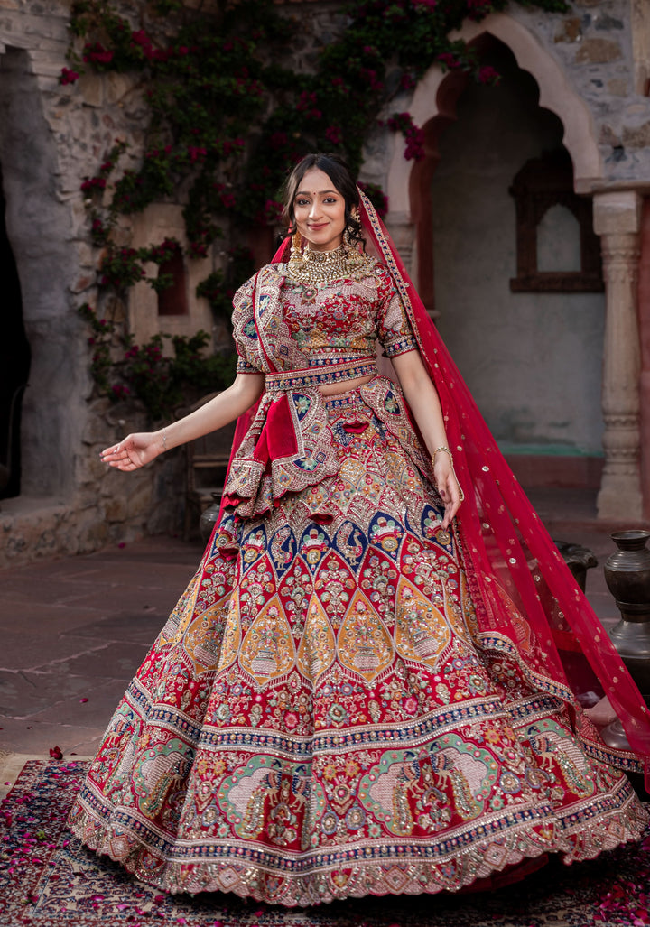 Exquisite Maurya Heritage Lehenga with hand-embroidery in Raw Silk , Customizable, Made to Order
