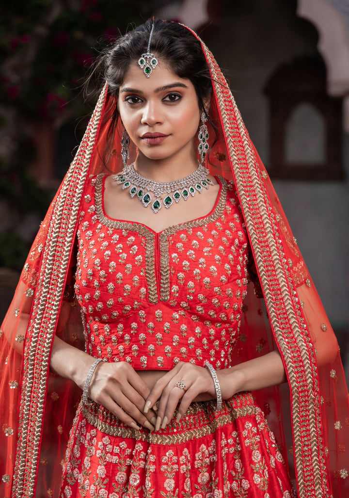 Exquisite Cerise Red Lehenga with hand-embroidery in Raw Silk,  Customizable, Made to Order