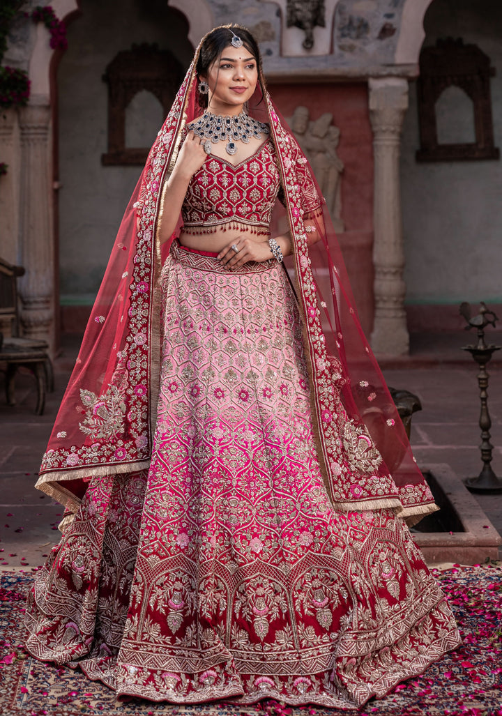 Exquisite Fuchsia Ombre Lehenga with hand-embroidery in Raw Silk, Customizable, Made to Order