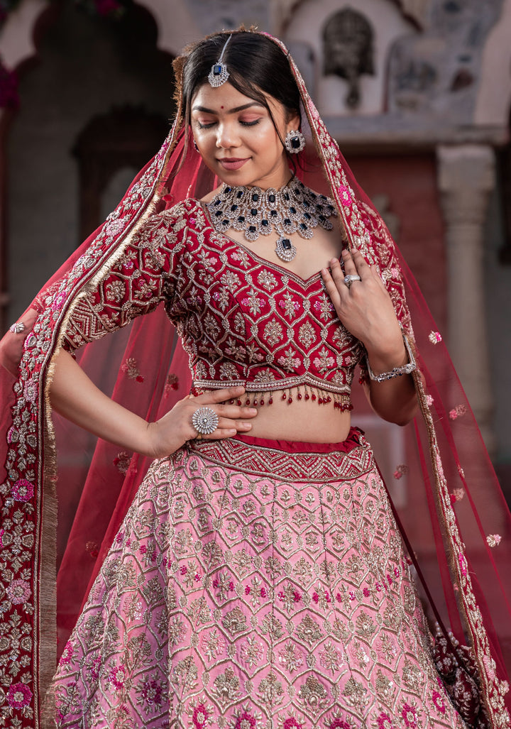 Exquisite Fuchsia Ombre Lehenga with hand-embroidery in Raw Silk, Customizable, Made to Order