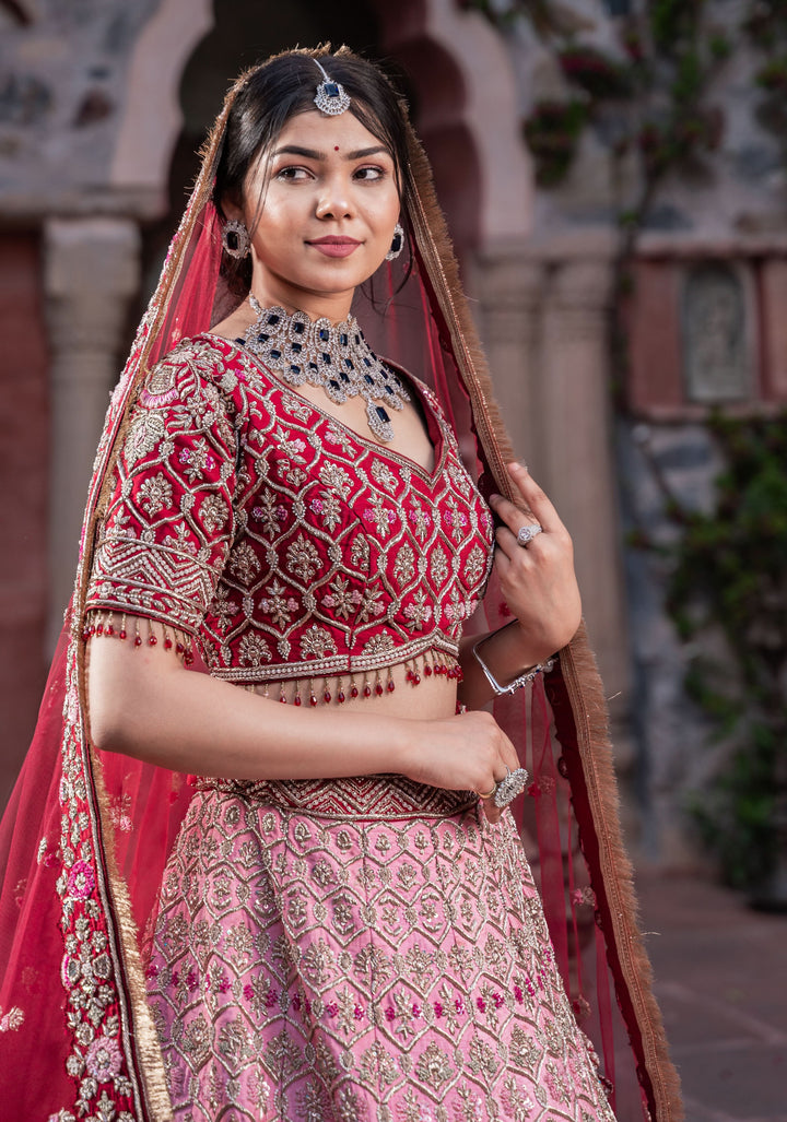Exquisite Fuchsia Ombre Lehenga with hand-embroidery in Raw Silk, Customizable, Made to Order