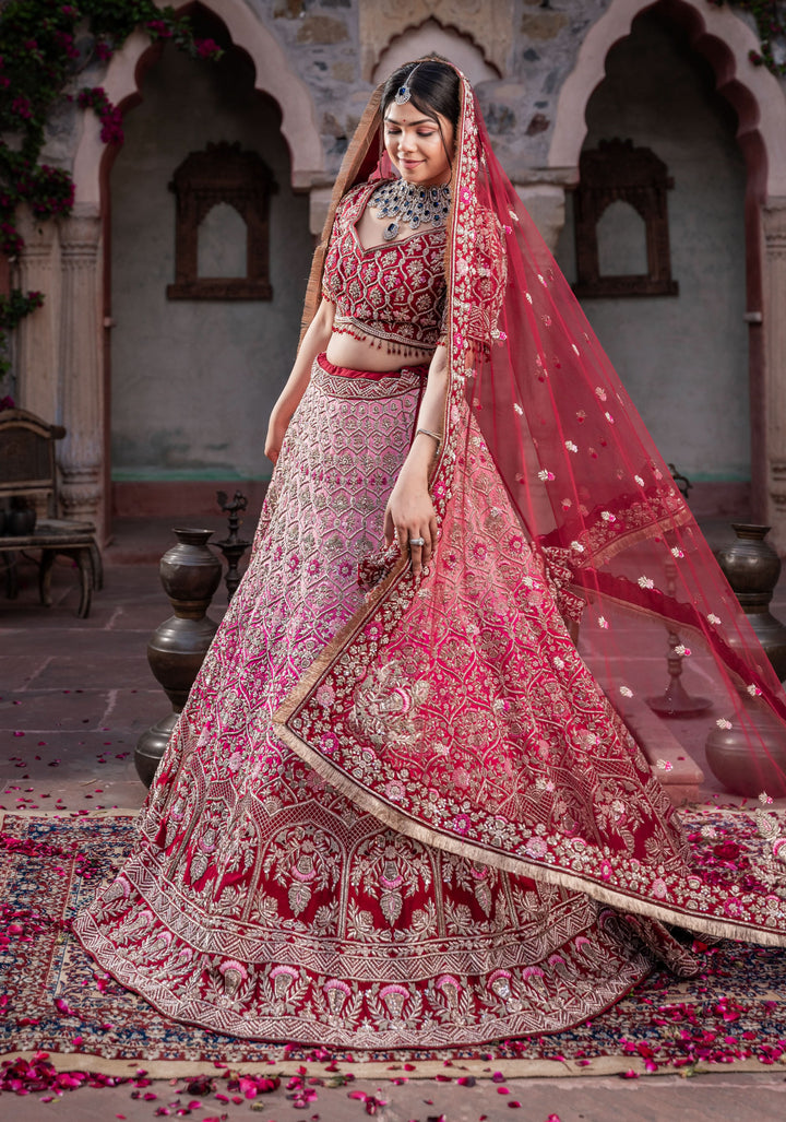 Exquisite Fuchsia Ombre Lehenga with hand-embroidery in Raw Silk, Customizable, Made to Order