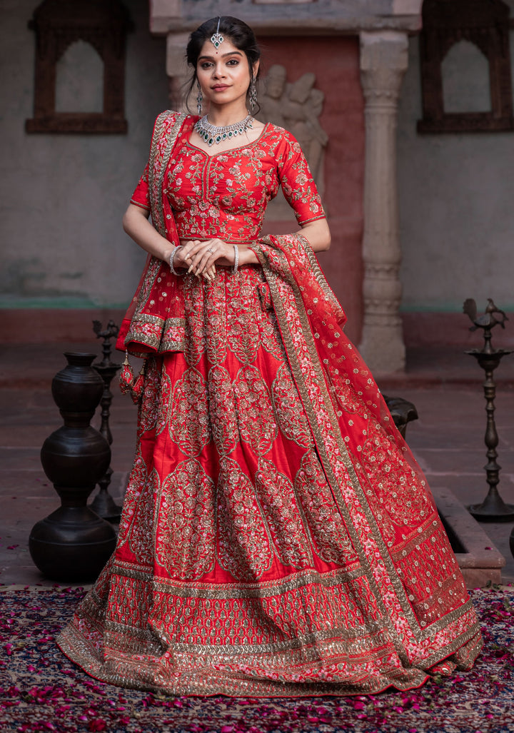 Exquisite Scarlet Lehenga with hand-embroidery in Raw Silk, Customizable, Made to Order