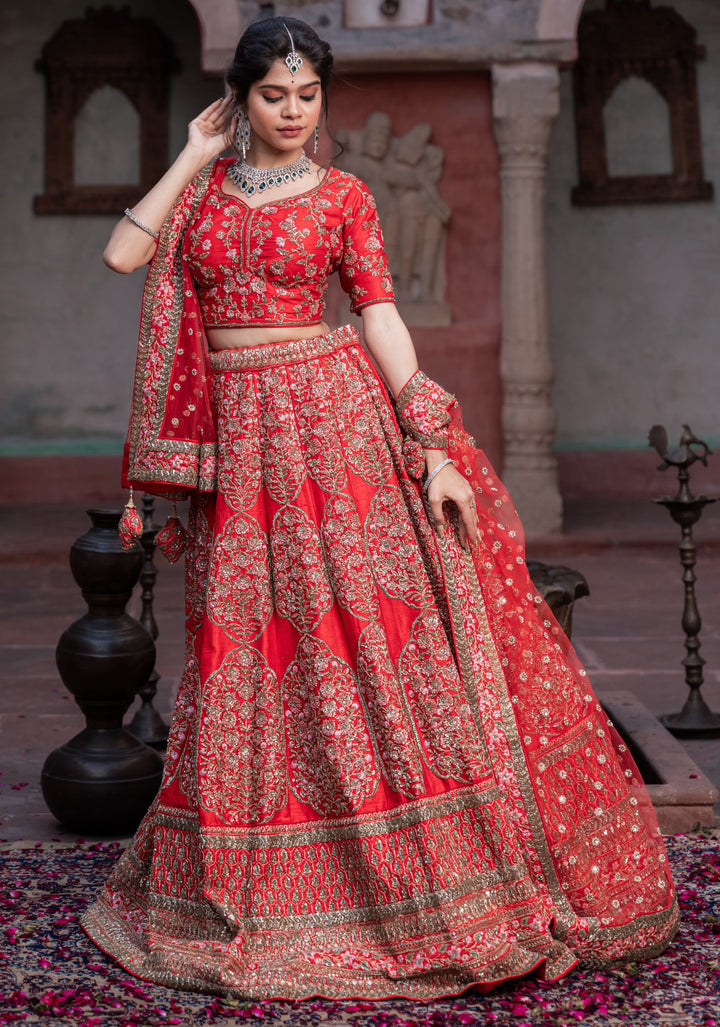 Exquisite Scarlet Lehenga with hand-embroidery in Raw Silk, Customizable, Made to Order