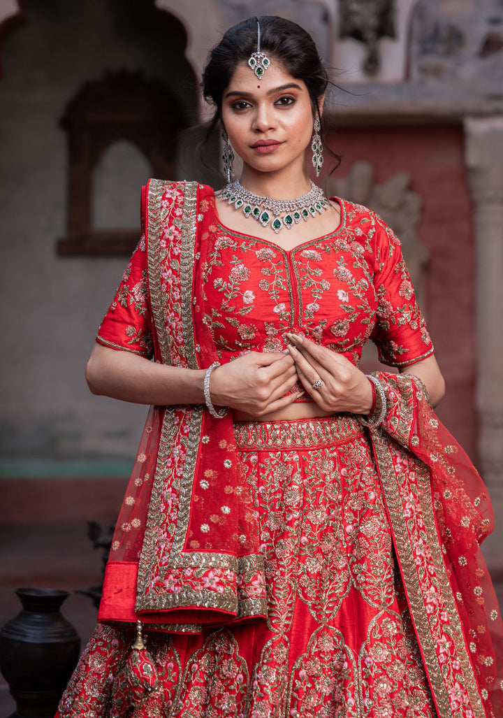 Exquisite Scarlet Lehenga with hand-embroidery in Raw Silk, Customizable, Made to Order