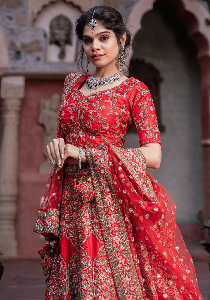 Exquisite Scarlet Lehenga with hand-embroidery in Raw Silk, Customizable, Made to Order