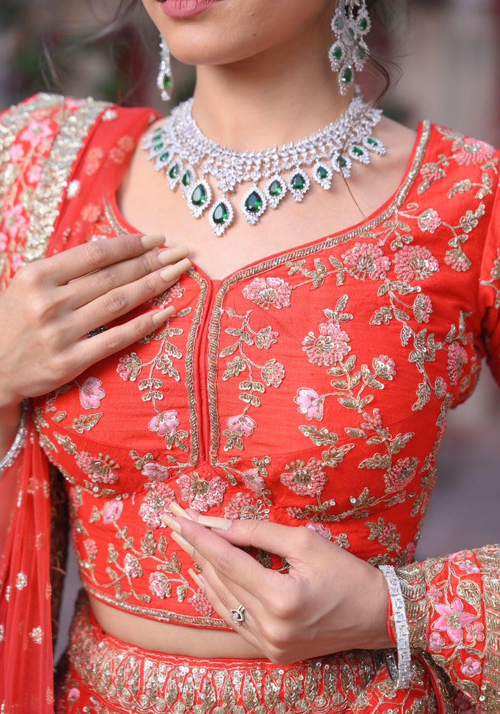 Exquisite Scarlet Lehenga with hand-embroidery in Raw Silk, Customizable, Made to Order
