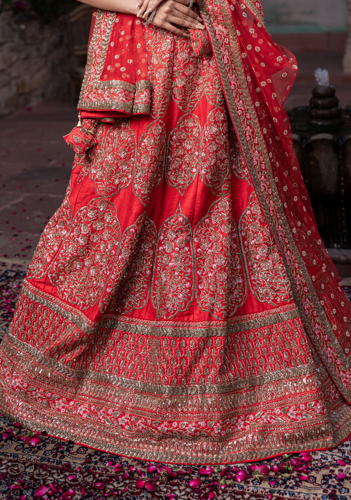Exquisite Scarlet Lehenga with hand-embroidery in Raw Silk, Customizable, Made to Order