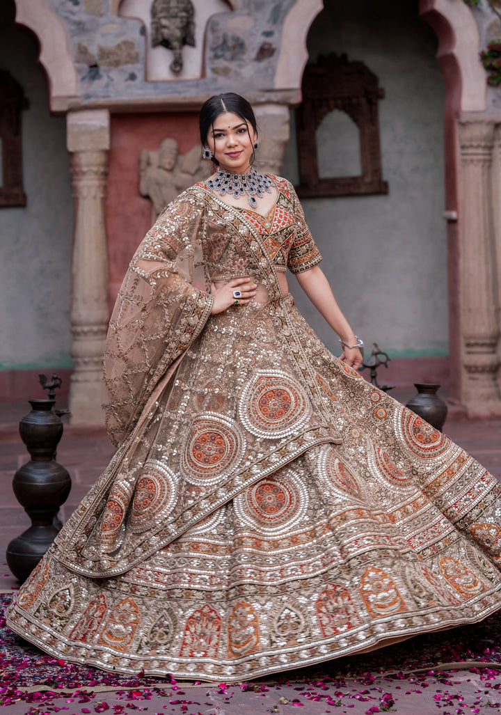 Exquisite Ghoomar Lehenga with gota-embroidery in Net, Customizable, Made to wear