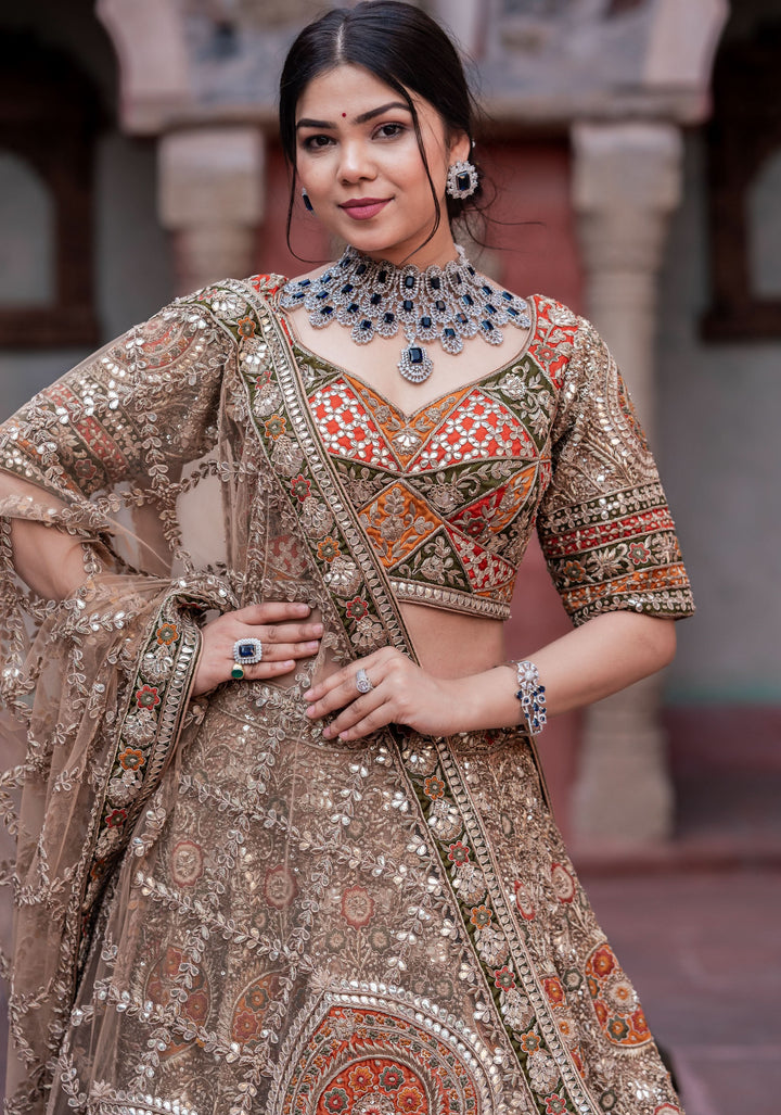 Exquisite Ghoomar Lehenga with gota-embroidery in Net, Customizable, Made to wear