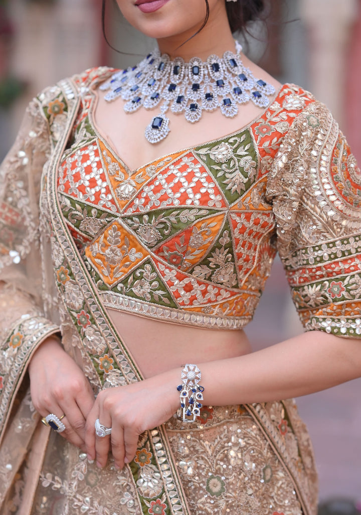 Exquisite Ghoomar Lehenga with gota-embroidery in Net, Customizable, Made to wear