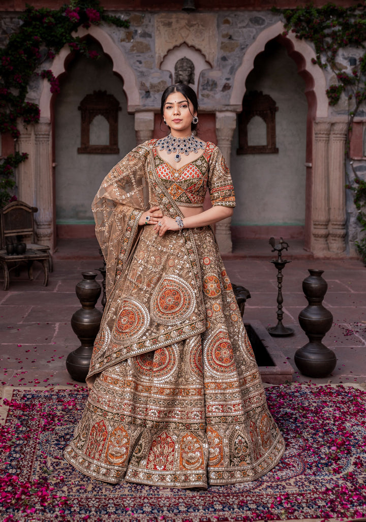 Exquisite Ghoomar Lehenga with gota-embroidery in Net, Customizable, Made to wear