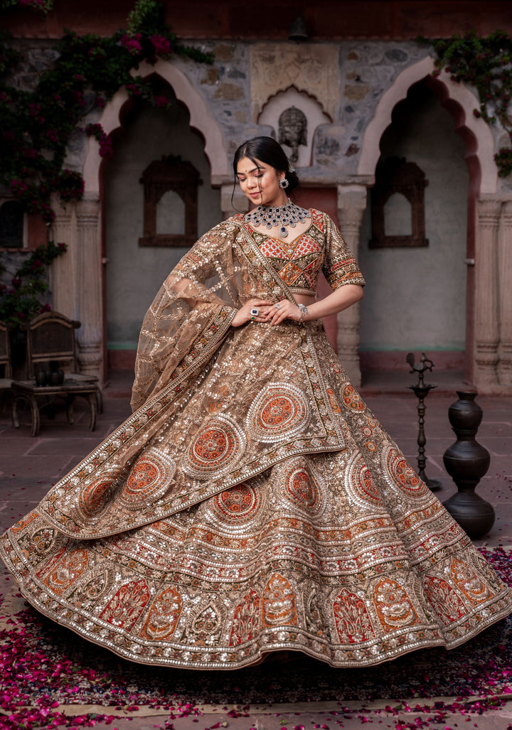 Exquisite Ghoomar Lehenga with gota-embroidery in Net, Customizable, Made to wear