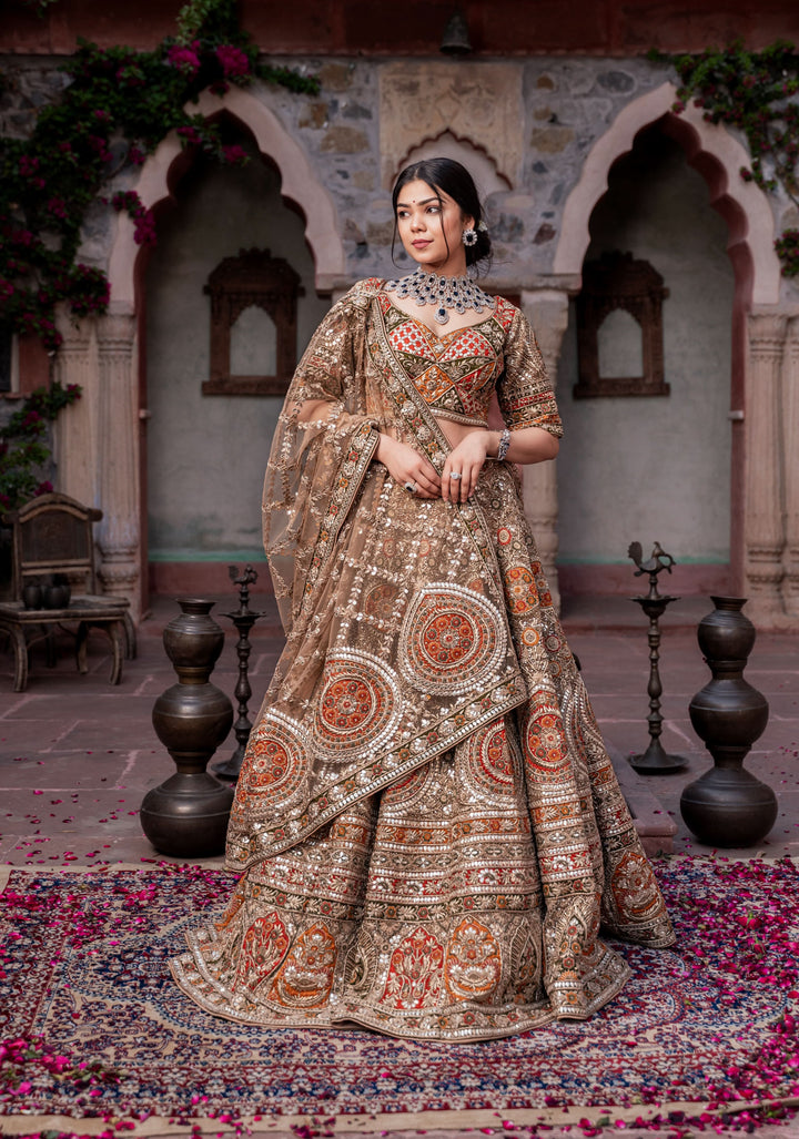 Exquisite Ghoomar Lehenga with gota-embroidery in Net, Customizable, Made to wear