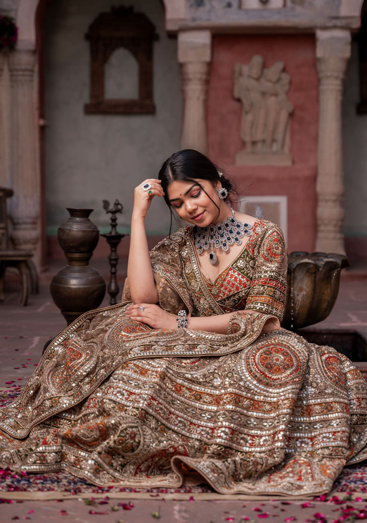 Exquisite Ghoomar Lehenga with gota-embroidery in Net, Customizable, Made to wear