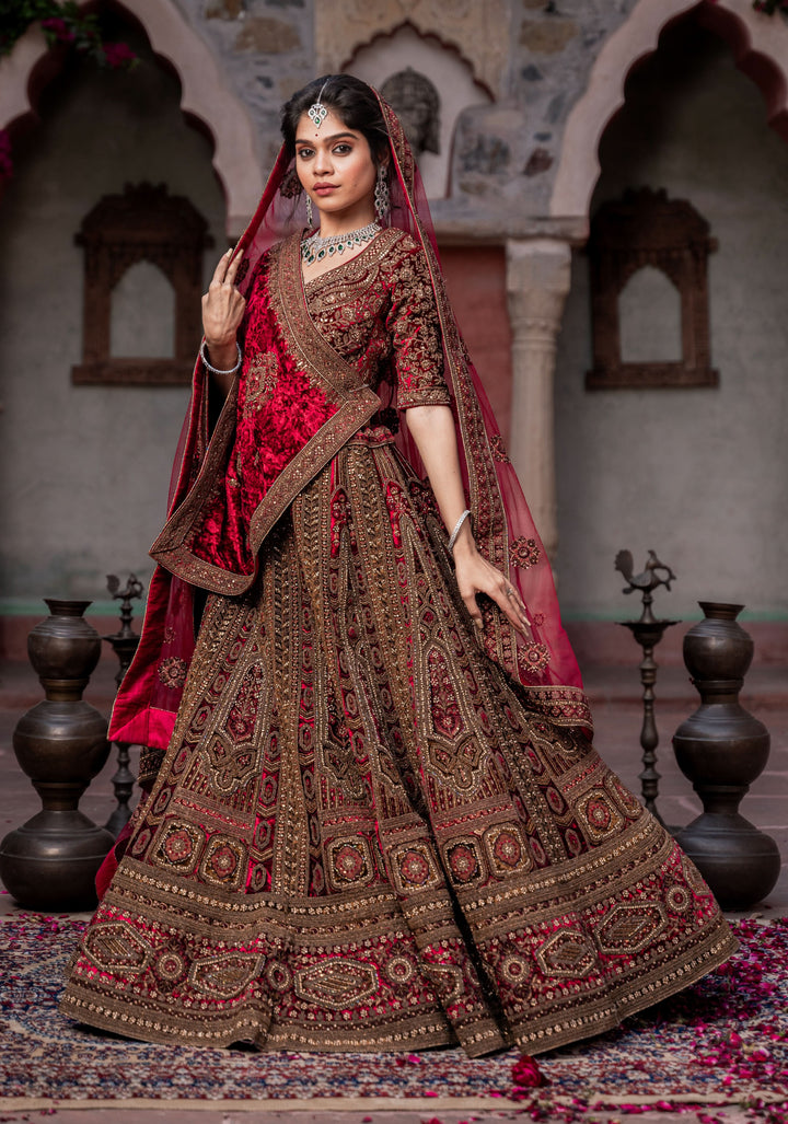 Lehenga: Exquisite Ruby Imperial Lehenga with hand-embroidery in Velvet , Customizable, Made to Order