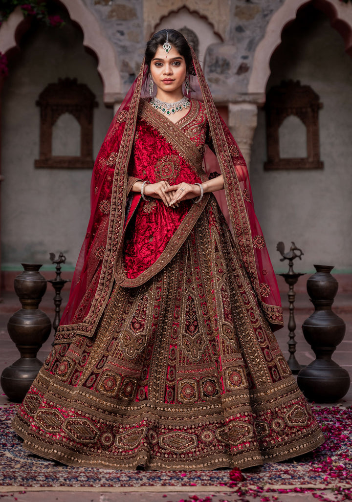 Lehenga: Exquisite Ruby Imperial Lehenga with hand-embroidery in Velvet , Customizable, Made to Order