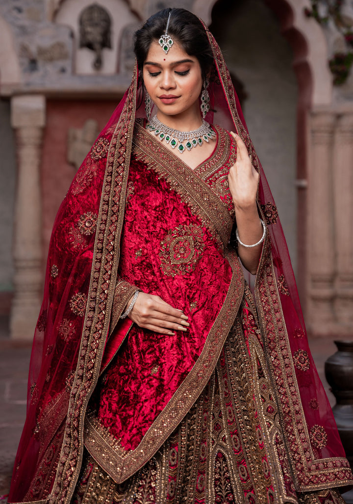 Lehenga: Exquisite Ruby Imperial Lehenga with hand-embroidery in Velvet , Customizable, Made to Order
