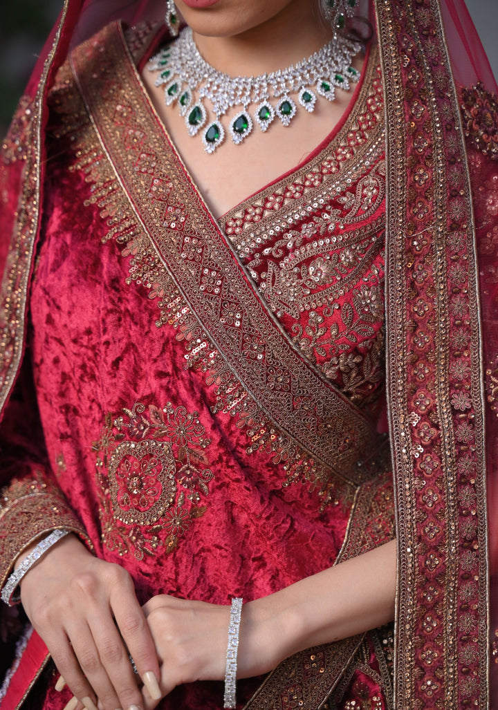 Lehenga: Exquisite Ruby Imperial Lehenga with hand-embroidery in Velvet , Customizable, Made to Order