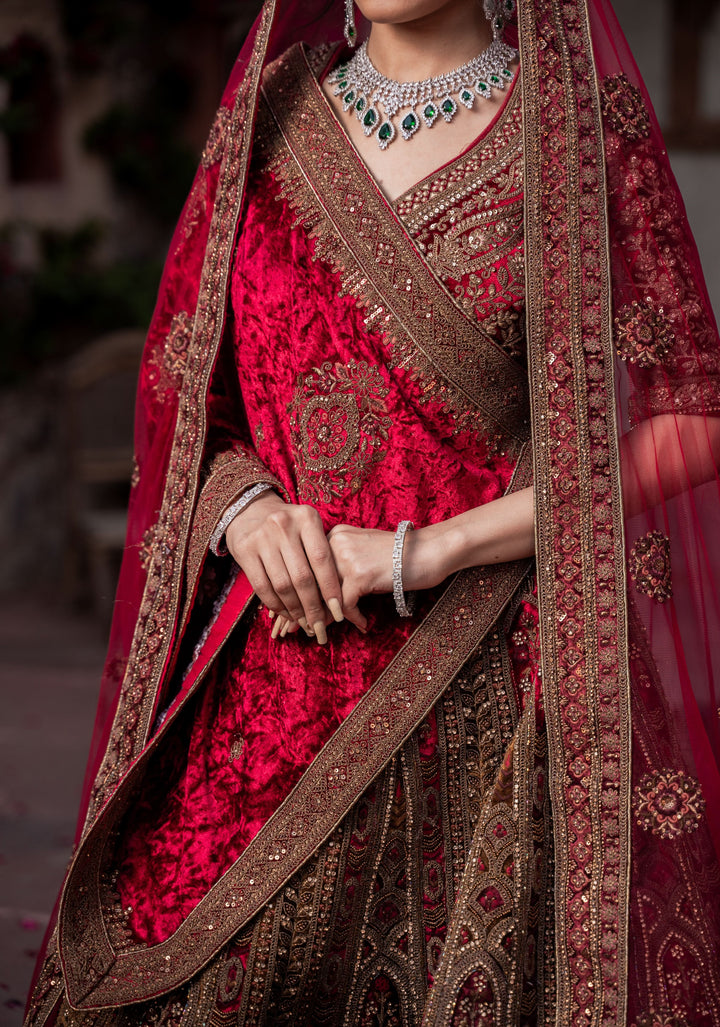 Lehenga: Exquisite Ruby Imperial Lehenga with hand-embroidery in Velvet , Customizable, Made to Order