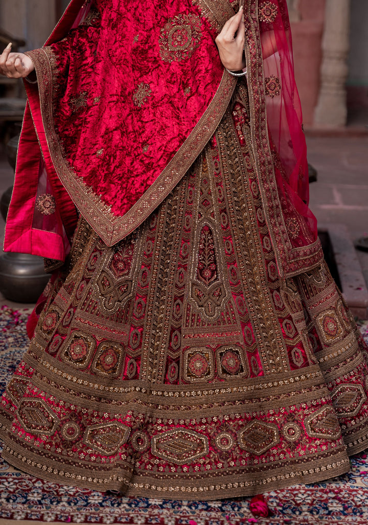 Lehenga: Exquisite Ruby Imperial Lehenga with hand-embroidery in Velvet , Customizable, Made to Order