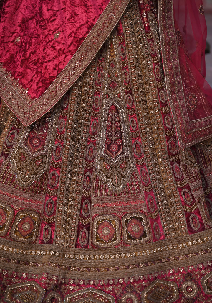 Lehenga: Exquisite Ruby Imperial Lehenga with hand-embroidery in Velvet , Customizable, Made to Order