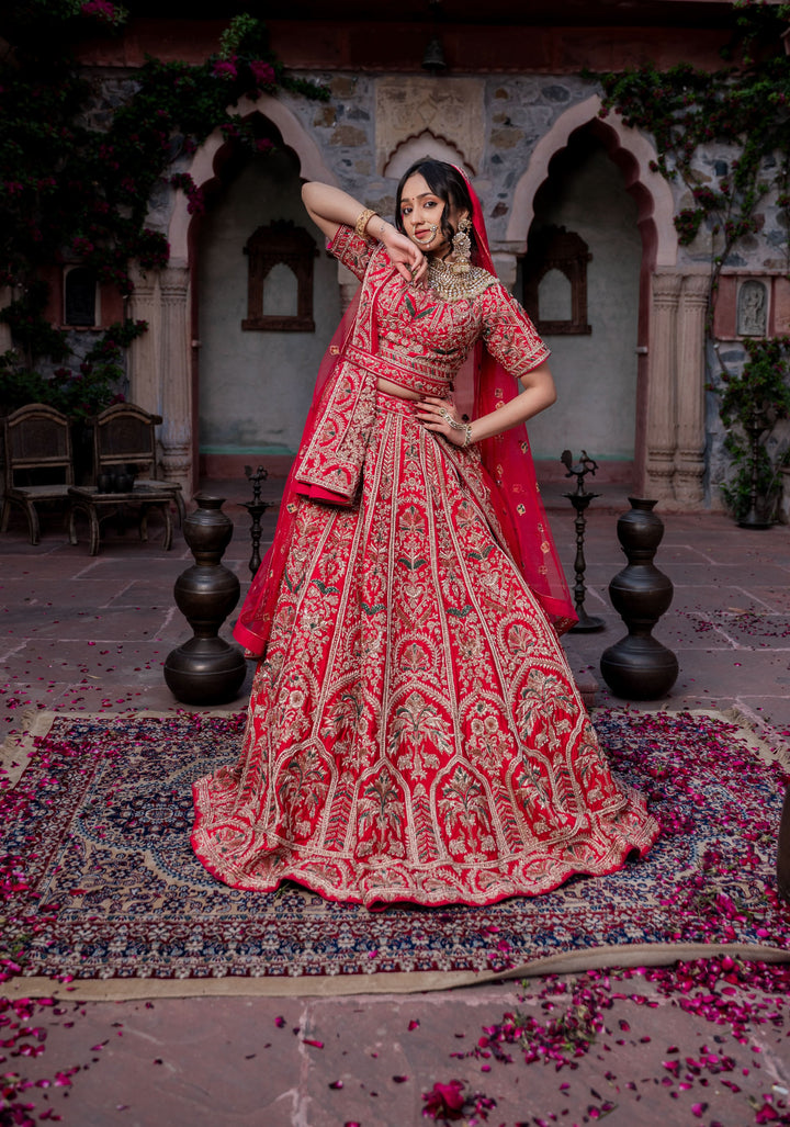 Exquisite Rouge Lehenga with hand-embroidery in Raw Silk, Customizable and Made to Order