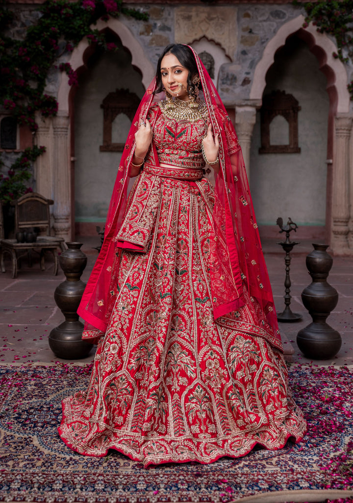 Exquisite Rouge Lehenga with hand-embroidery in Raw Silk, Customizable and Made to Order