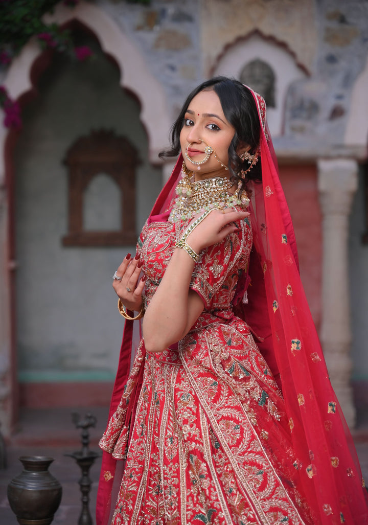 Exquisite Rouge Lehenga with hand-embroidery in Raw Silk, Customizable and Made to Order