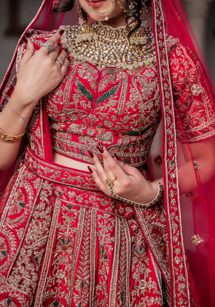 Exquisite Rouge Lehenga with hand-embroidery in Raw Silk, Customizable and Made to Order