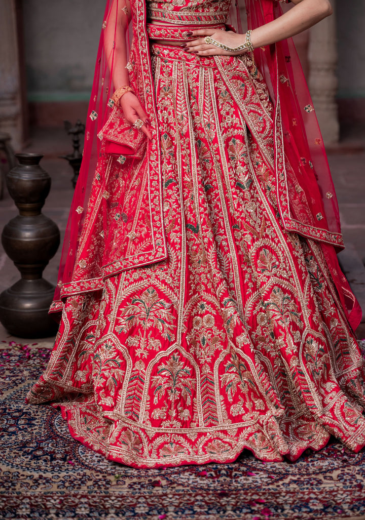 Exquisite Rouge Lehenga with hand-embroidery in Raw Silk, Customizable and Made to Order