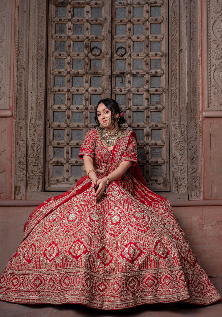 Exquisite Ida Red Lehenga with hand-embroidery in Raw Silk | Customizable, made to Order