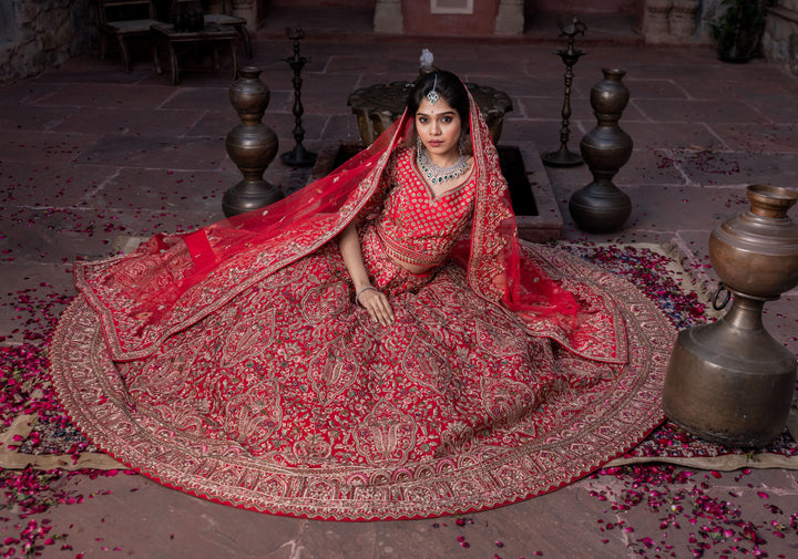 Exquisite Gulaal Lehenga with hand-embroidery in Raw Silk , Customizable , Made to Order