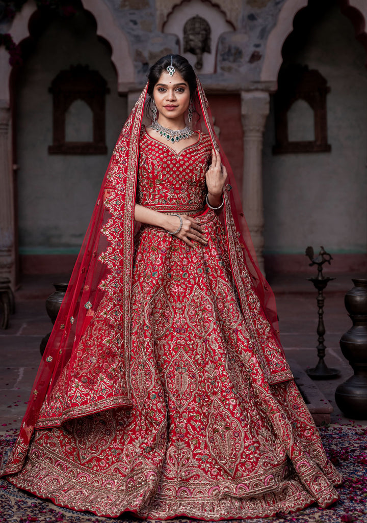 Exquisite Gulaal Lehenga with hand-embroidery in Raw Silk , Customizable , Made to Order