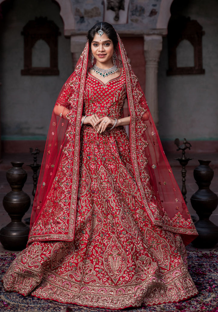 Exquisite Gulaal Lehenga with hand-embroidery in Raw Silk , Customizable , Made to Order