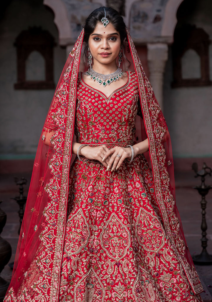 Exquisite Gulaal Lehenga with hand-embroidery in Raw Silk , Customizable , Made to Order