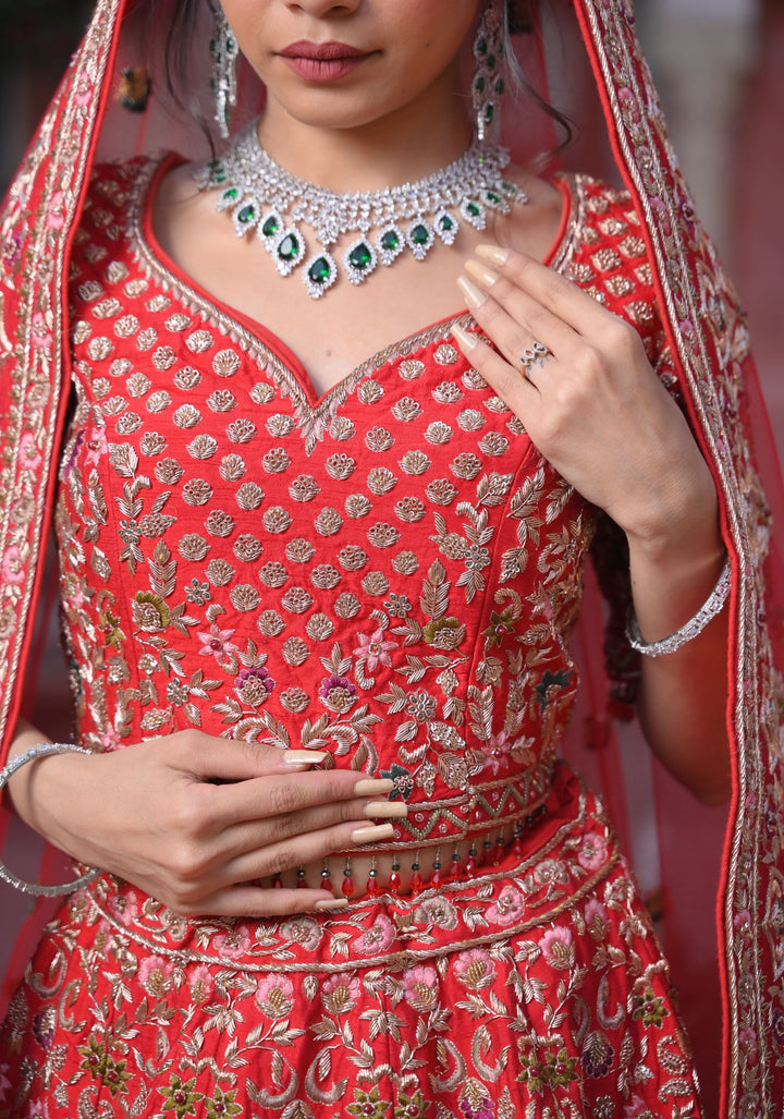 Exquisite Gulaal Lehenga with hand-embroidery in Raw Silk , Customizable , Made to Order