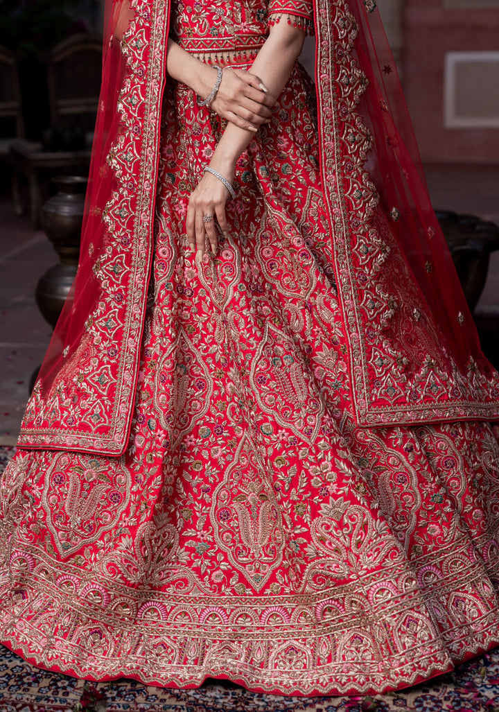 Exquisite Gulaal Lehenga with hand-embroidery in Raw Silk , Customizable , Made to Order