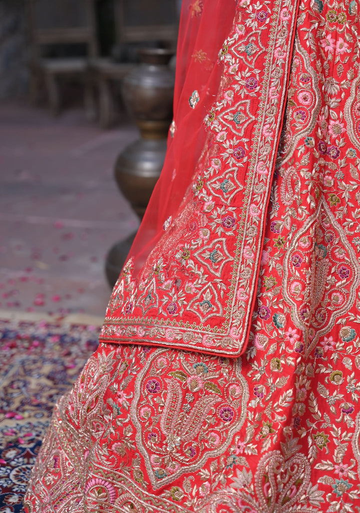 Exquisite Gulaal Lehenga with hand-embroidery in Raw Silk , Customizable , Made to Order