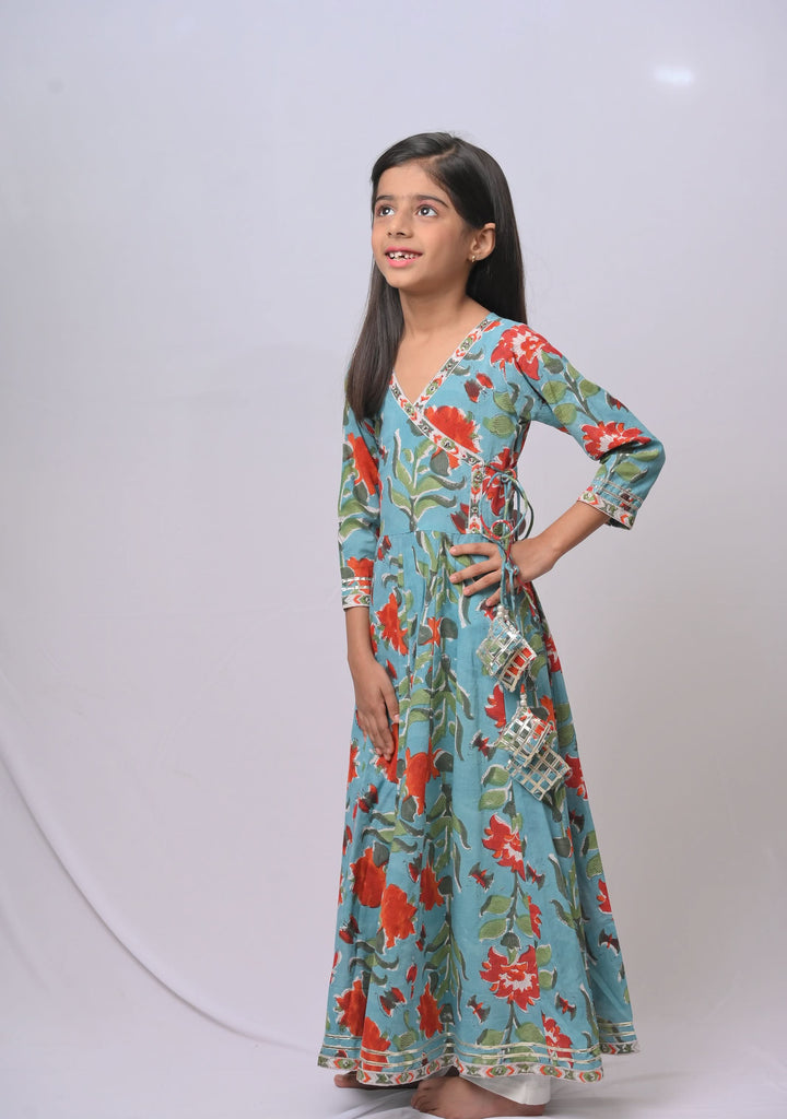 Firozi Pop Anarkali 3 piece suit with tassels | Made To Order