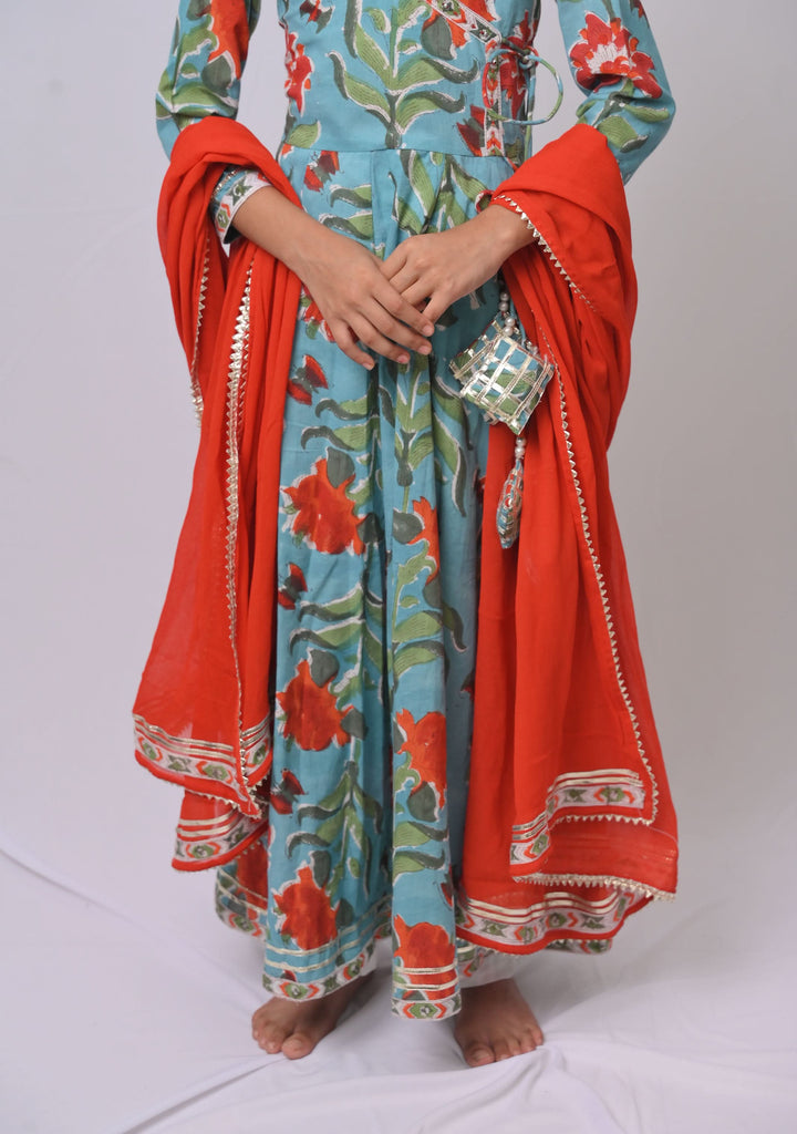 Firozi Pop Anarkali 3 piece suit with tassels | Made To Order