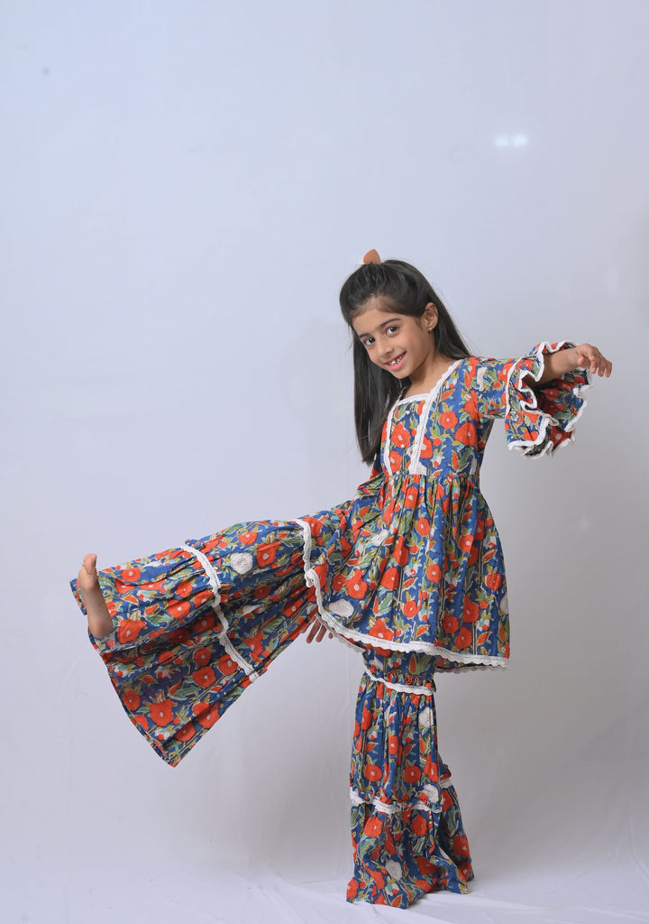 Navy Garden Delight Sharara with lace detailing | Made To Order