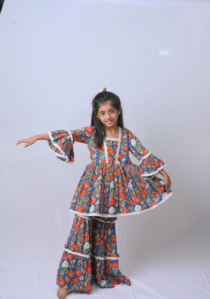 Navy Garden Delight Sharara with lace detailing | Made To Order