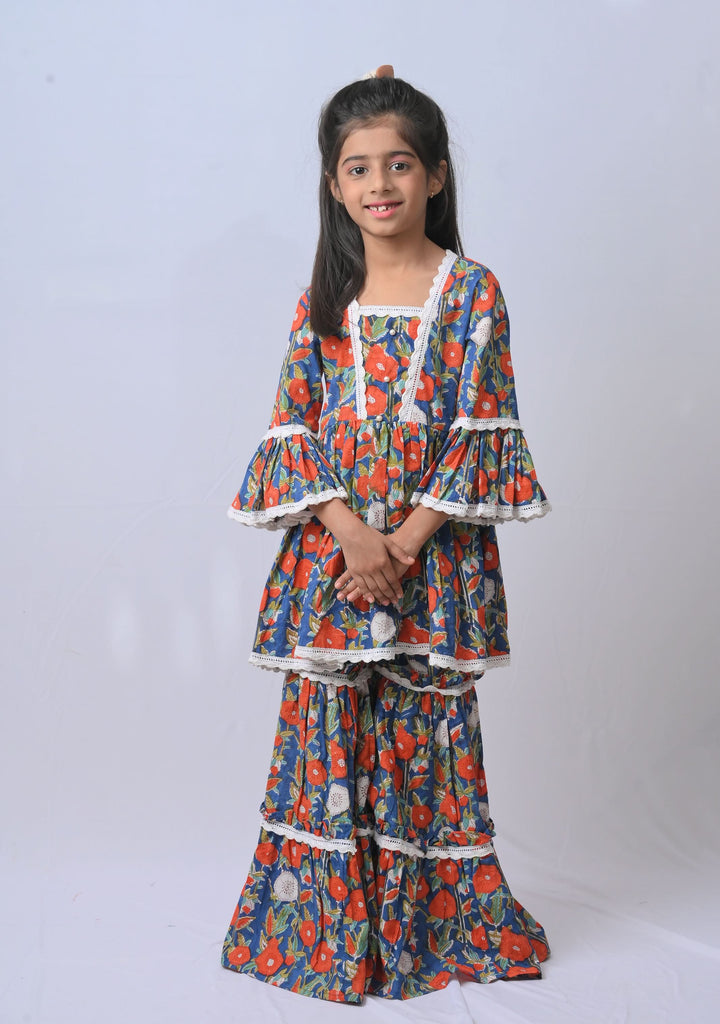 Navy Garden Delight Sharara with lace detailing | Made To Order