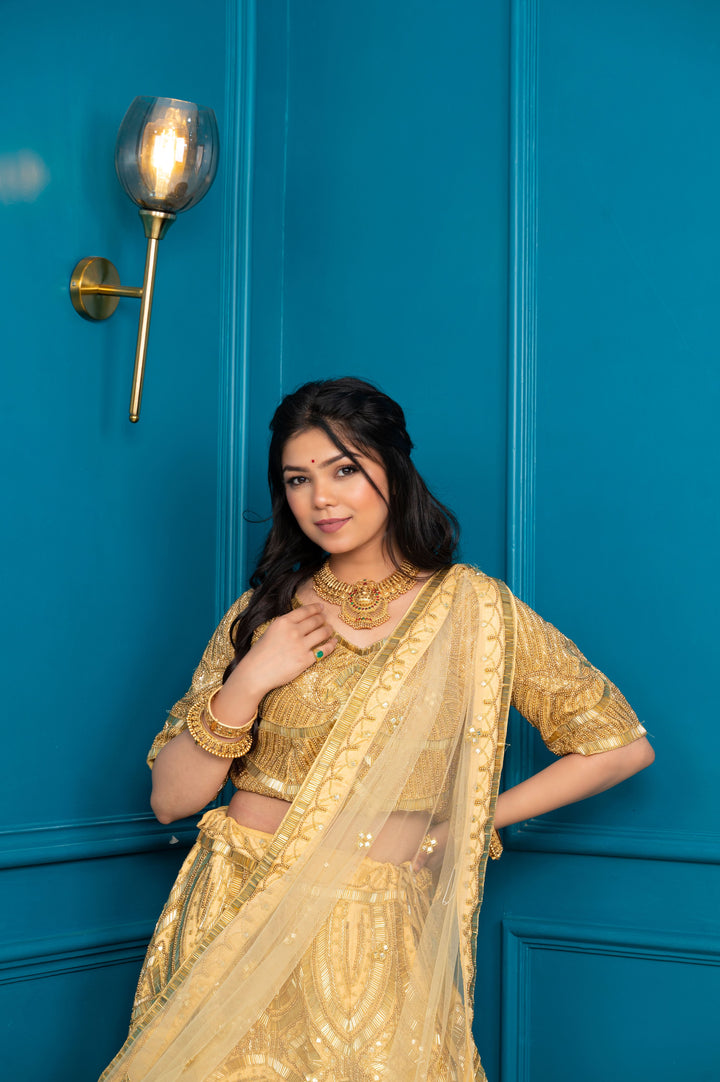 Champagne Cutdana Swirls Lehenga Set, Customizable, Made to Order