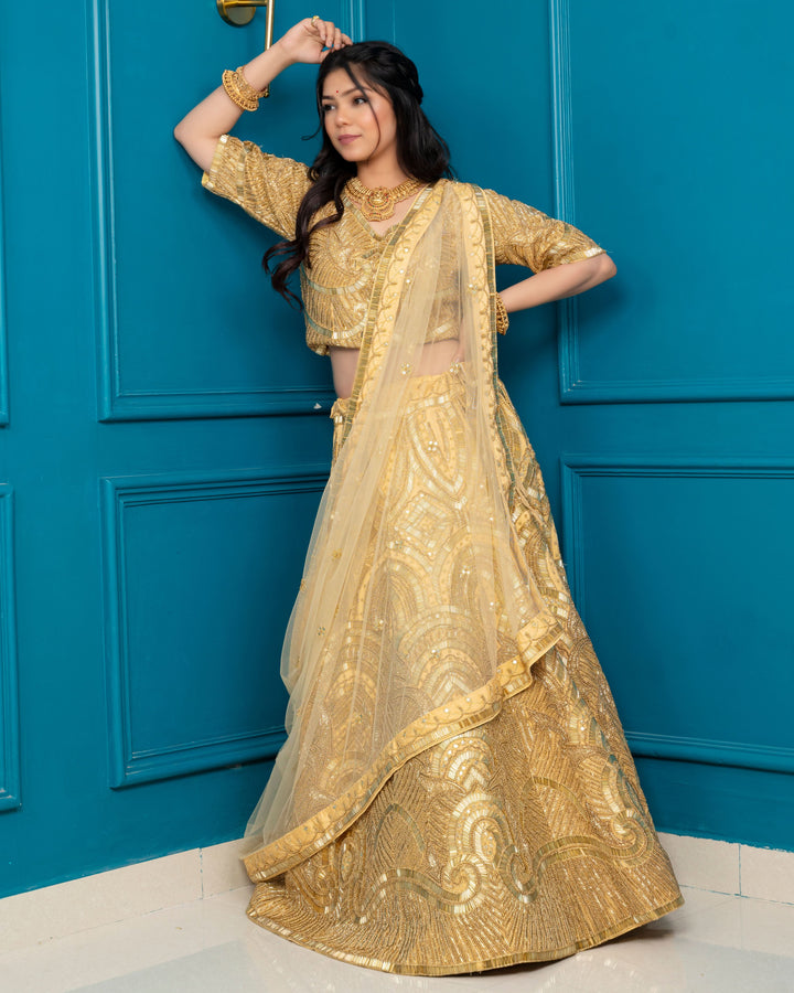 Champagne Cutdana Swirls Lehenga Set, Customizable, Made to Order